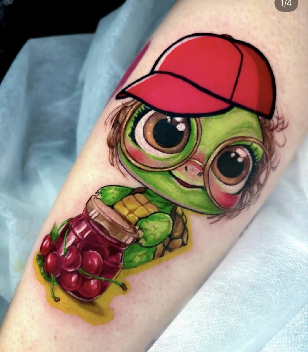 illustrative color tattoo of a cute cartoon turtle wearing glasses and holding cherries, vibrant and playful design